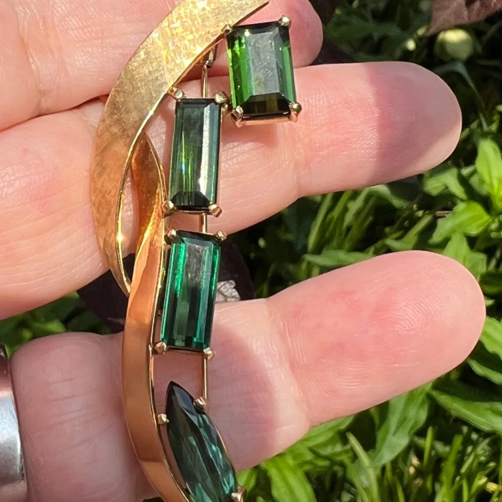VINTAGE 18K GOLD CUSTOM LARGE GREEN TOURMALINE PIN BROOCH STATEMENT FLORENTINE